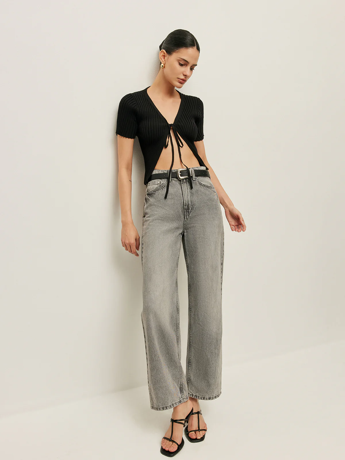 Ribbed Tie Front Short Sleeve Top - Takermore