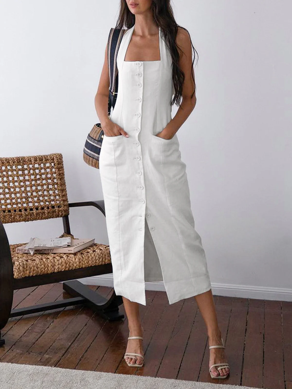 Tied Halter Open Back Cotton Linen Midi Dress - Takermore