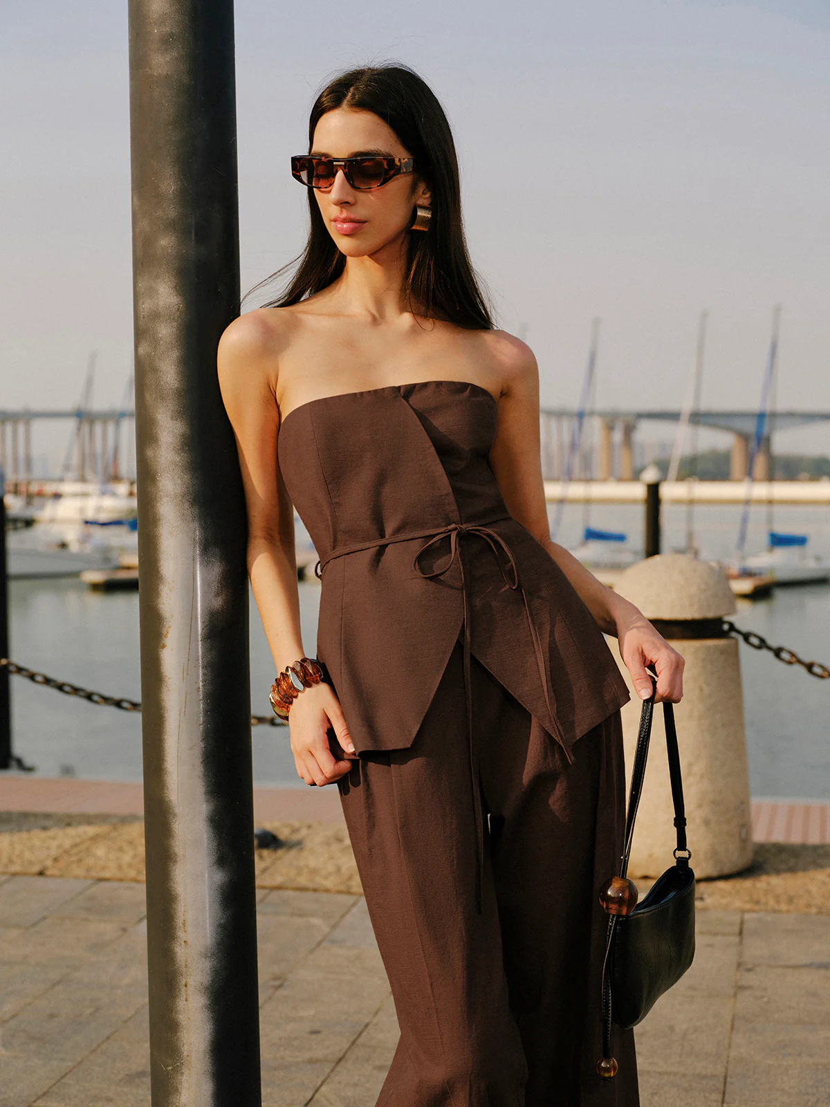 Cotton & Linen Strapless Peplum Top With Tie - Takermore