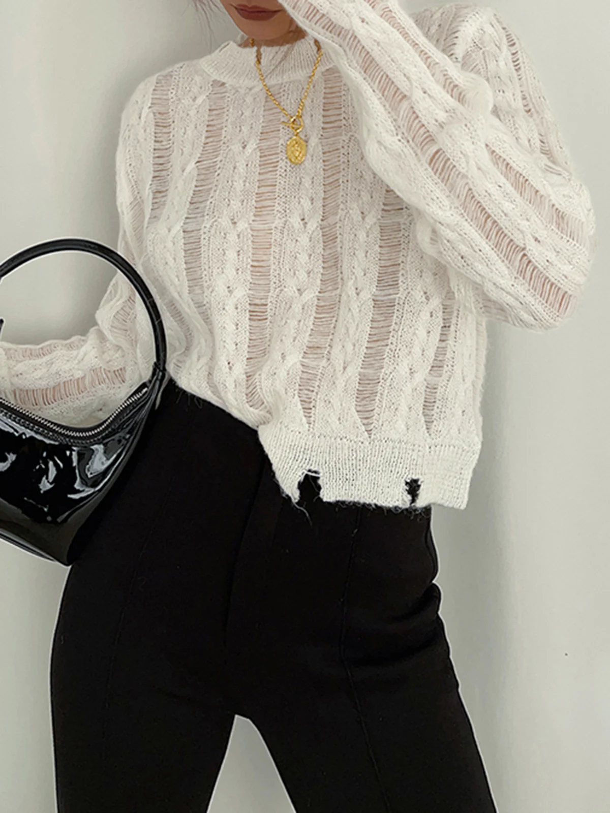 Semi-Sheer Snowflake Crochet Knit Shirt - Takermore