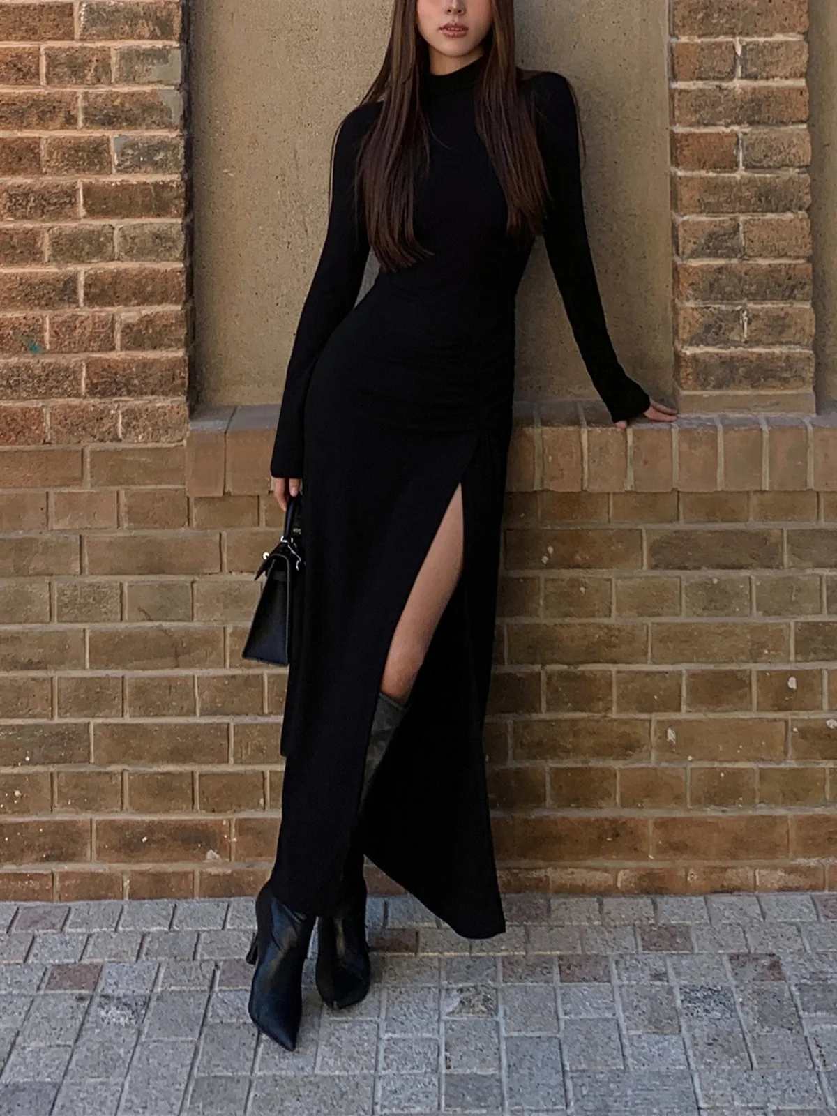 Slit Pleated Long Sleeve Bodycon Mock Neck Long Dress - Takermore