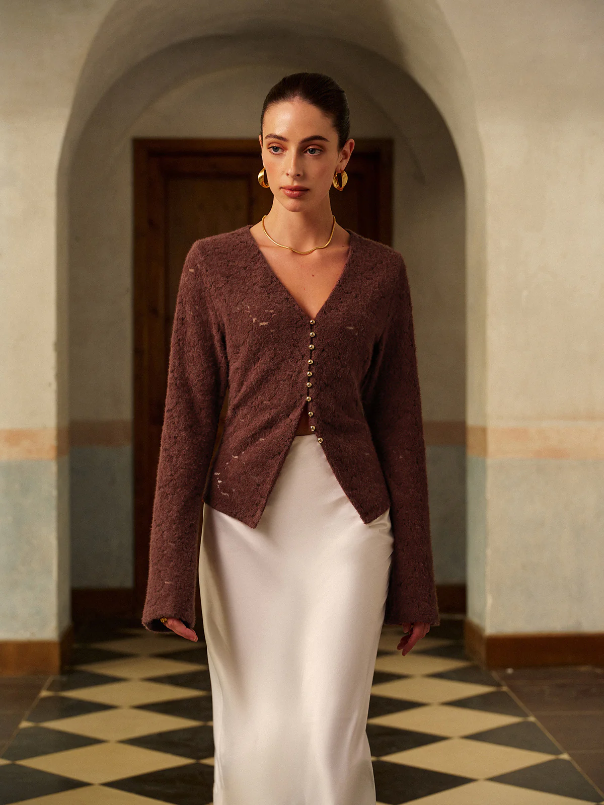 Semi-Sheer V-Neck Split Lace Blouse - Takermore