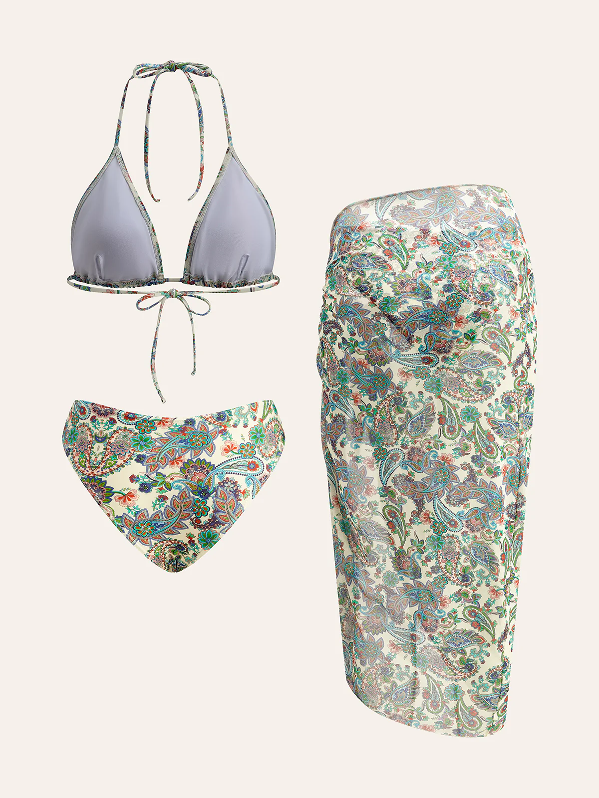 Tie-Back Bikini Set with Paisley Print Cover-Up - Takermore