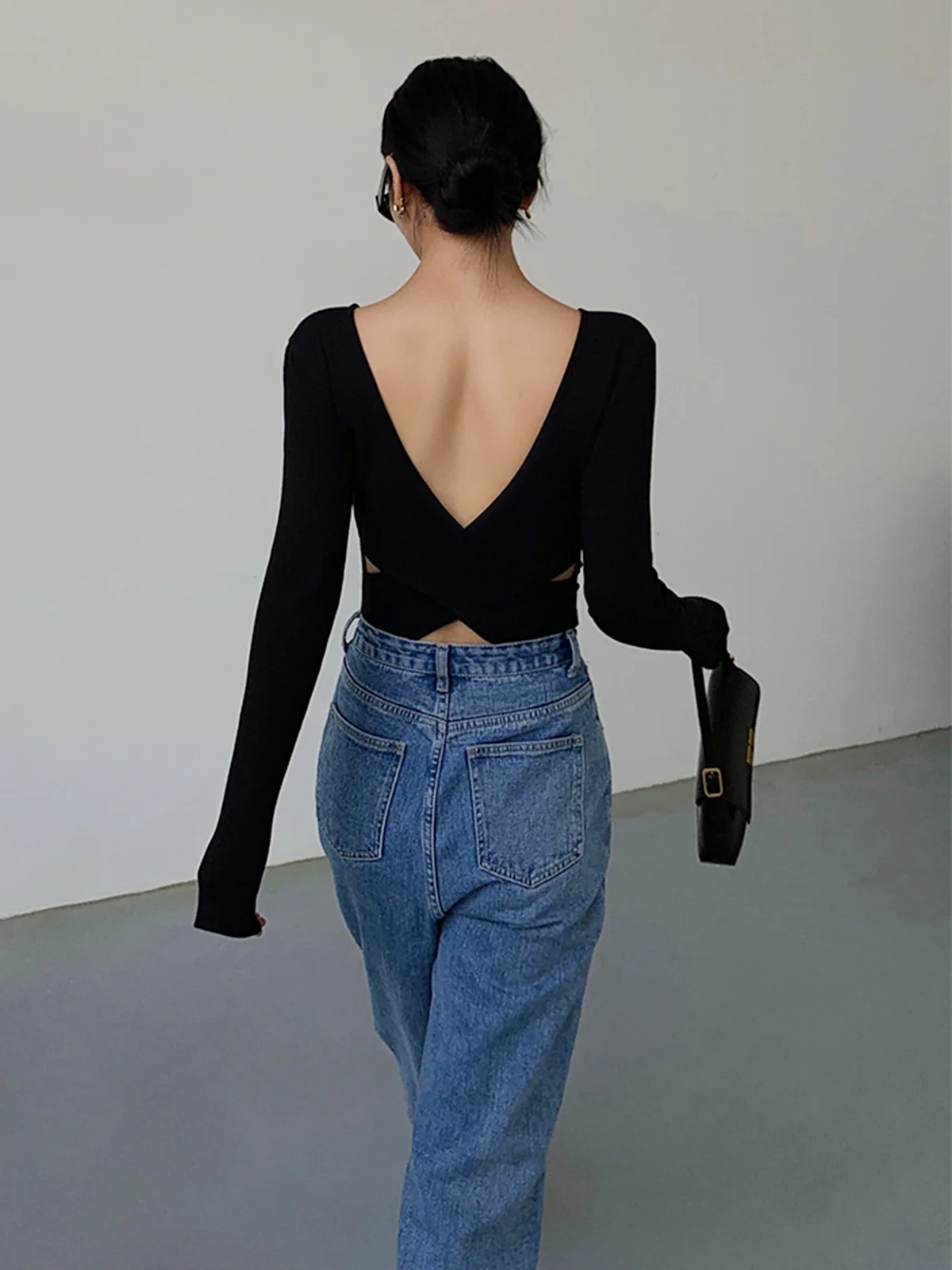 V-Shape Open Back Long Sleeve Shirt - Takermore