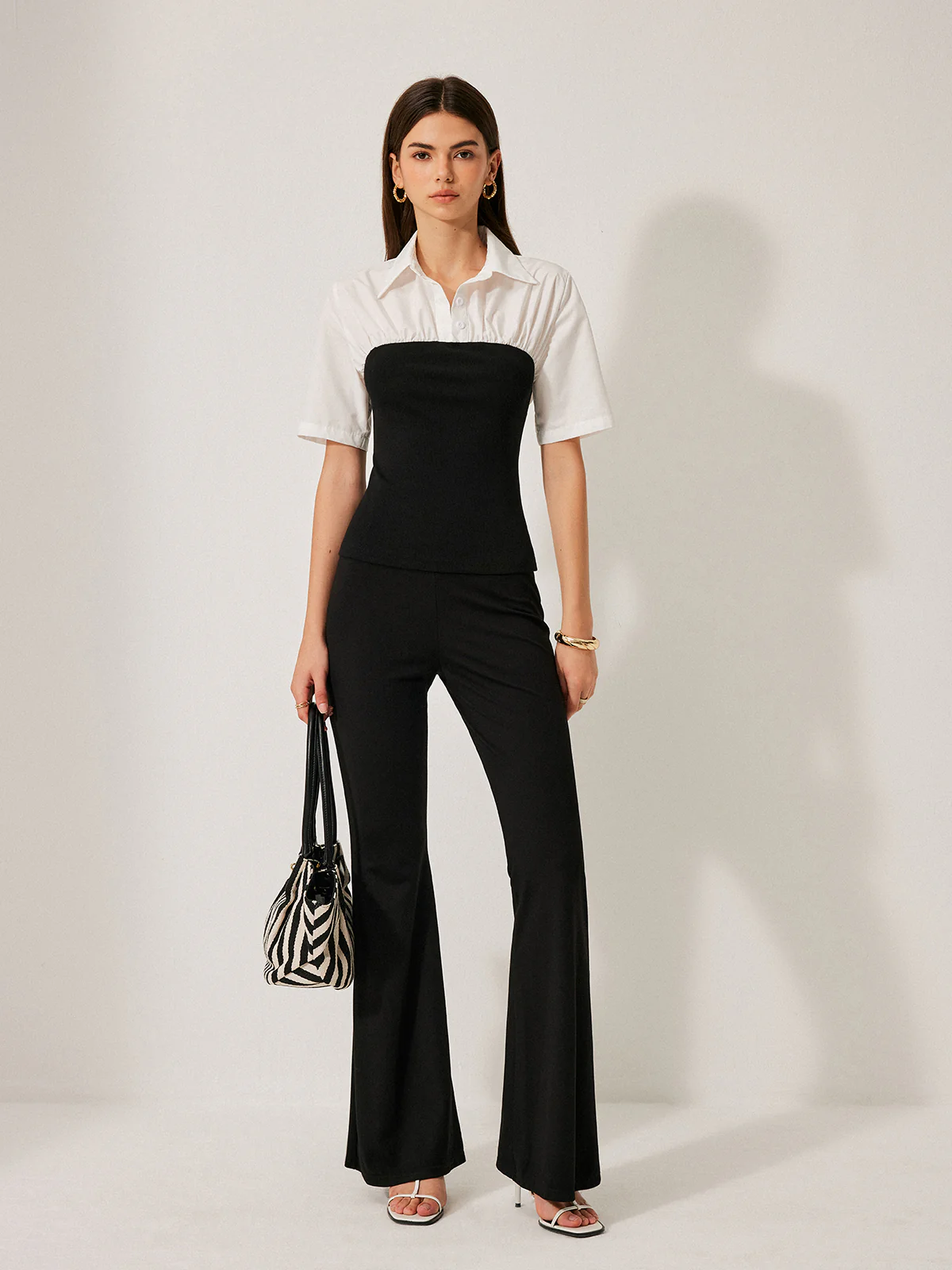 2 in 1 Panel Decor Button Lapel Blouse - Takermore