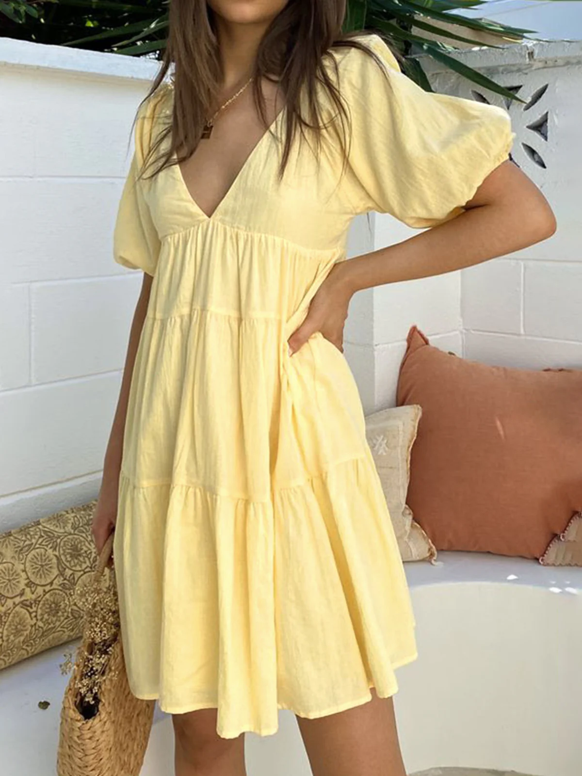 Sunshine Zippered Plunge Skater Short Dress - Takermore