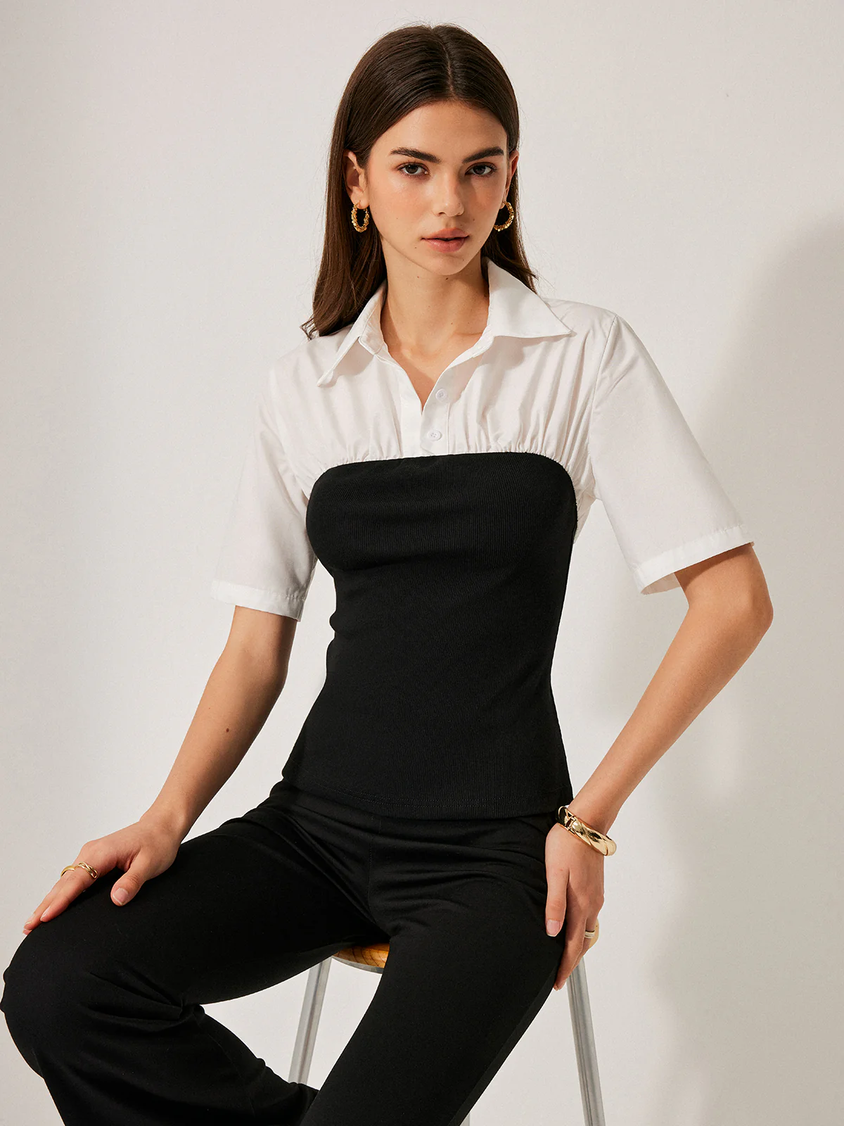 2 in 1 Panel Decor Button Lapel Blouse - Takermore