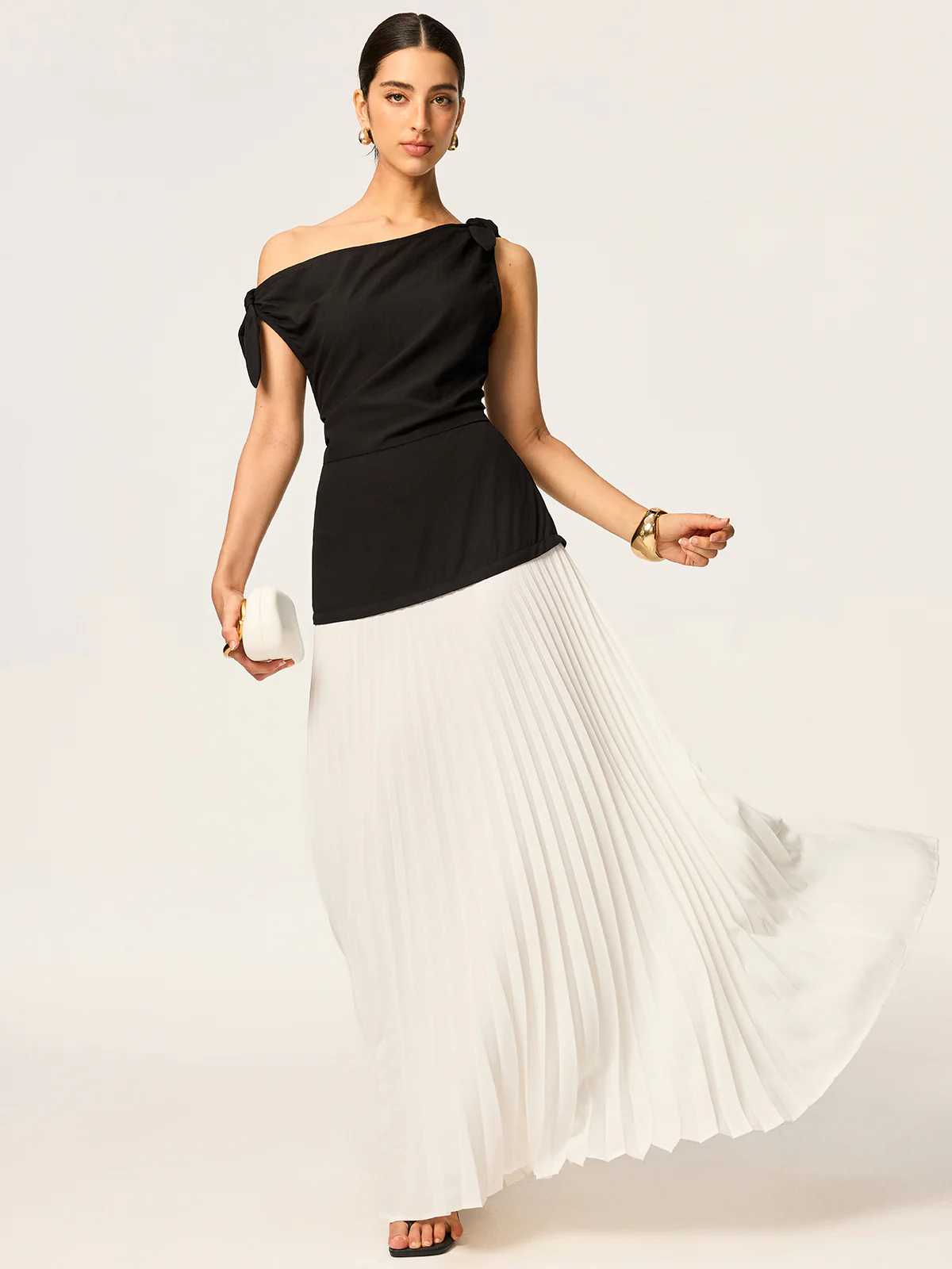 Asymmetric Pleated Maxi Dress with Bow Detail - Takermore