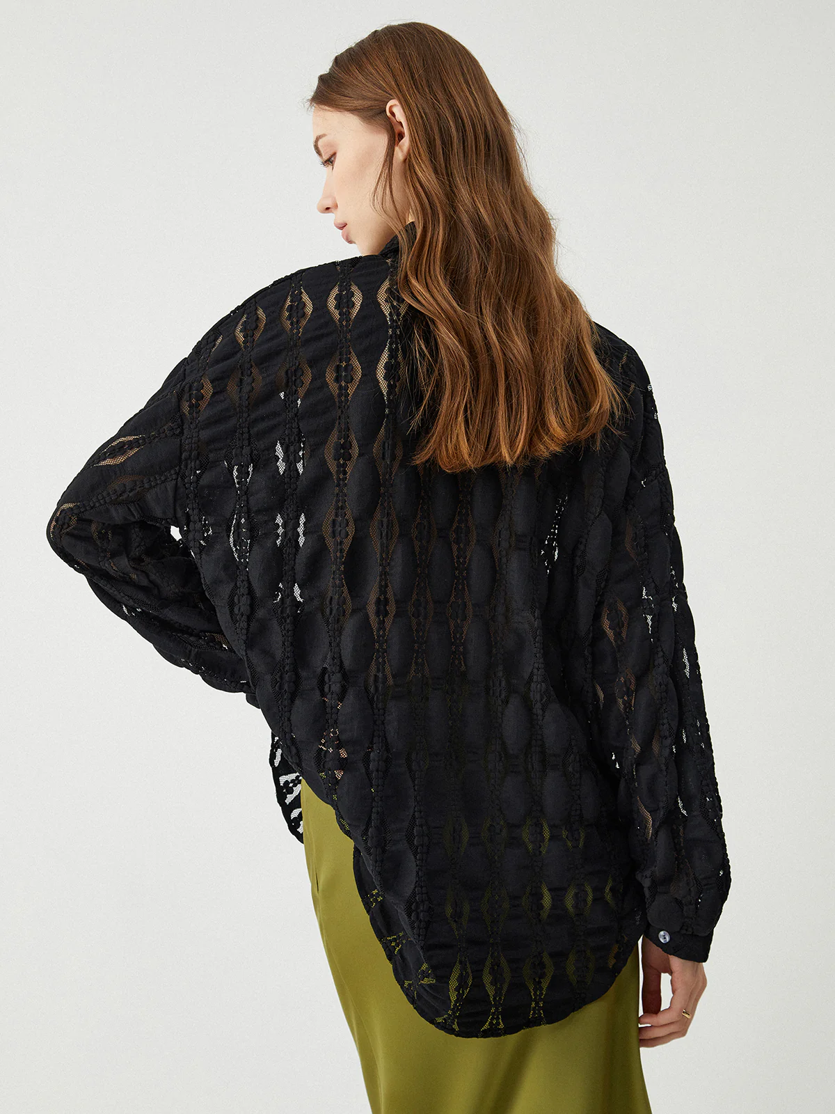 Semi-Sheer Floral Lace Button Up Shirt - Takermore