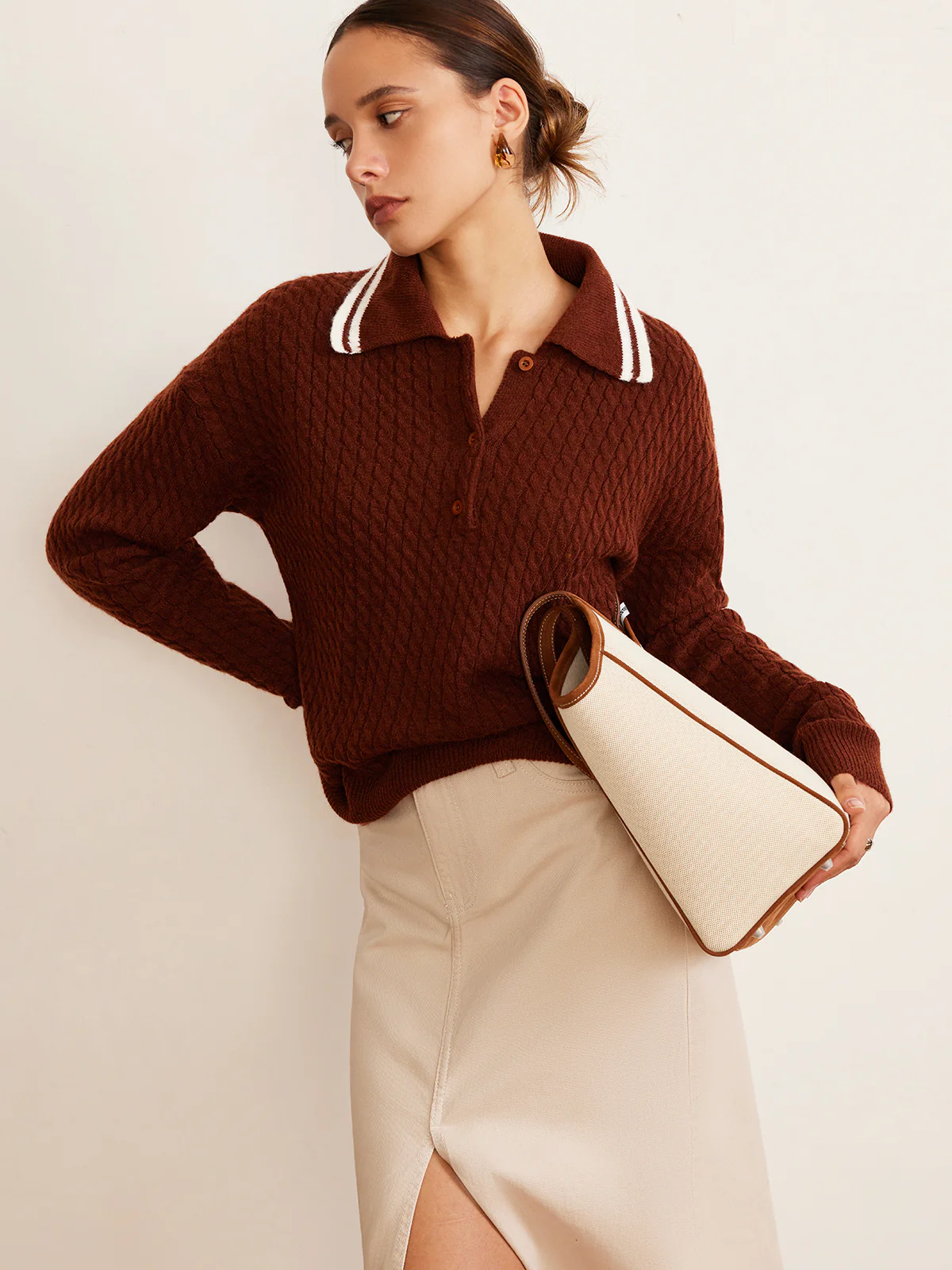 Cable Knit Button Polo Sweater - Takermore
