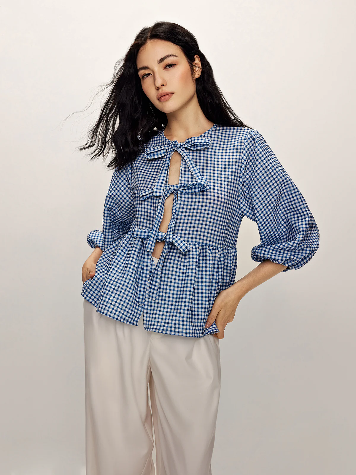 Plaid Tie Front Half Sleeve Blouse - Takermore