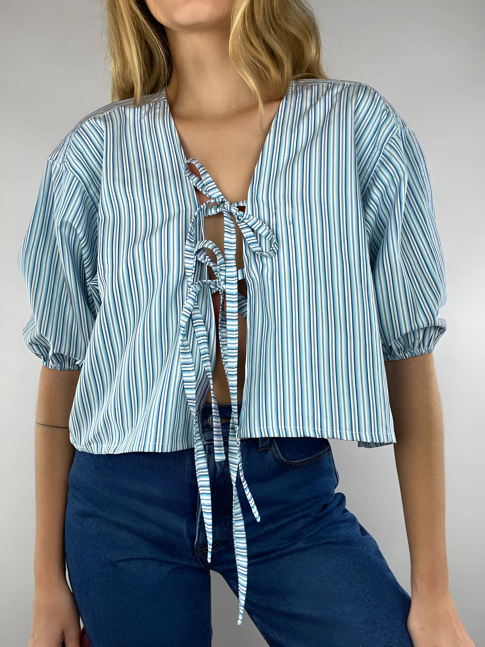 Stripe Tie Neck Blouse - Takermore