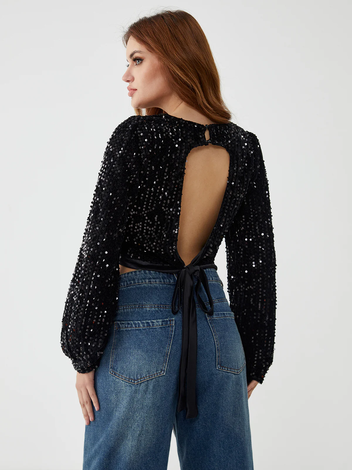 Sequin Long Sleeve Backless Crop Top - Takermore