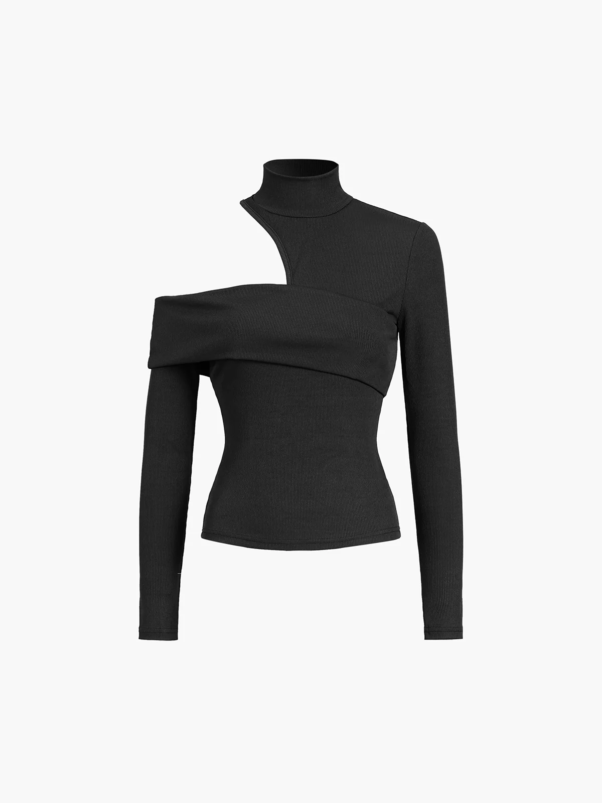 Mock Neck Oblique Cutout Rib Long Sleeve Knit Top - Takermore