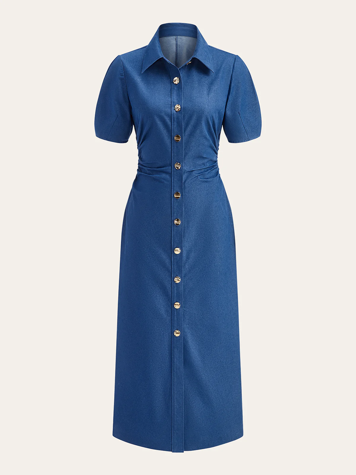 Ruched Polo-Collar Button-Front Midi Dress - Takermore