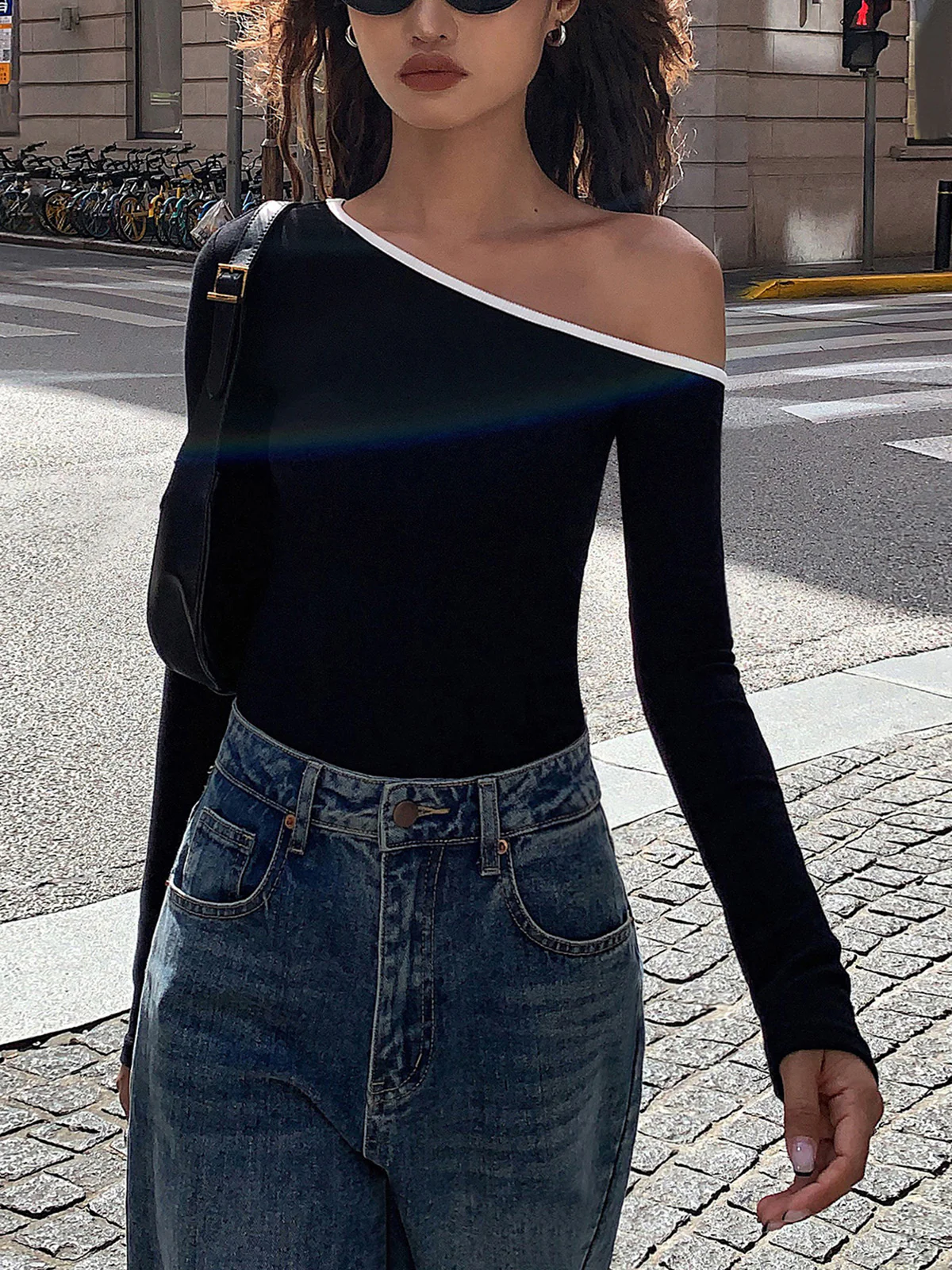 Contrast Trim Off Shoulder Long Sleeve Shirt - Takermore