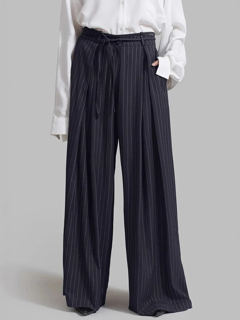 Drawstring Pinstripe Wide-Leg Pants - Takermore