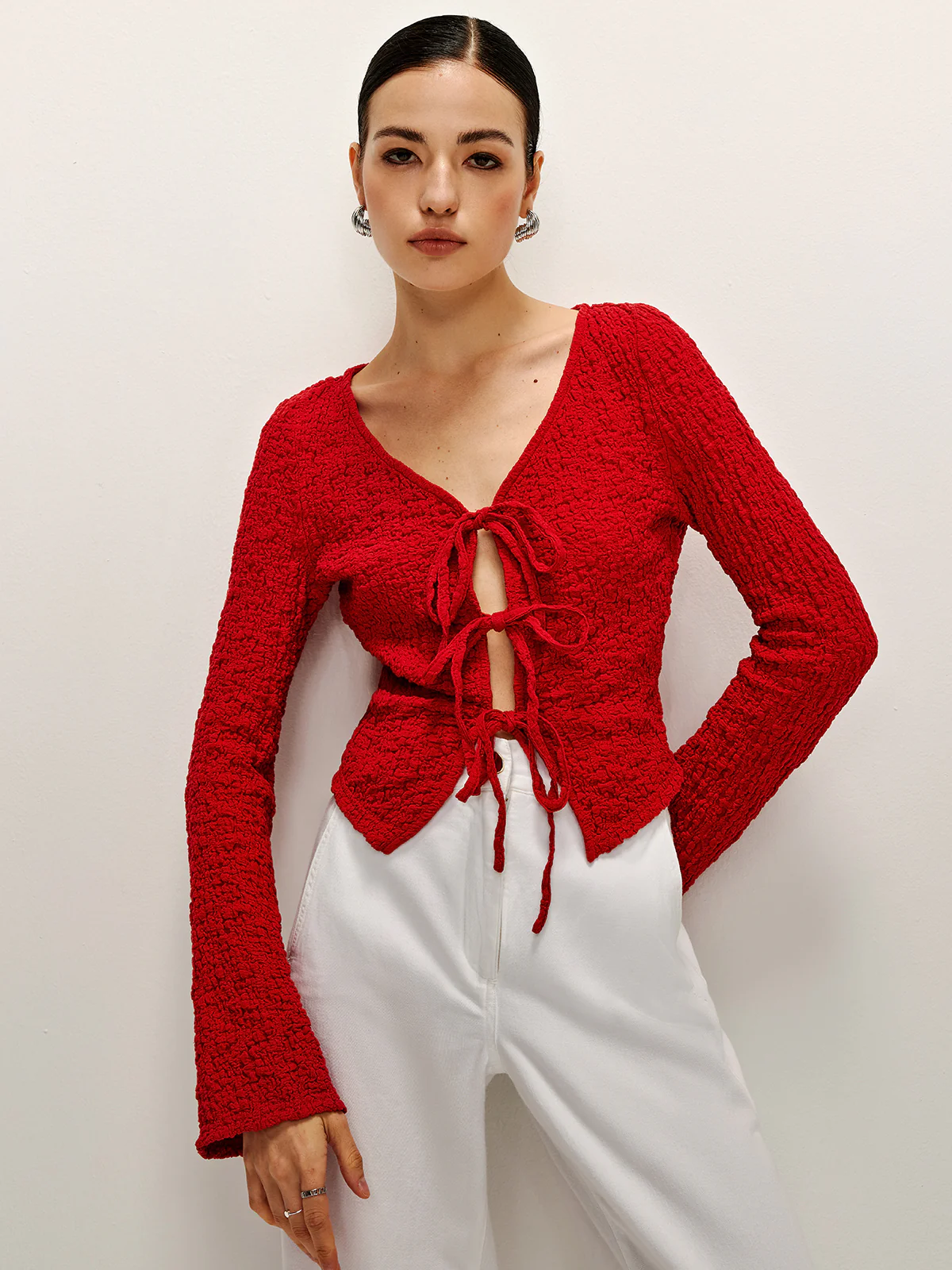 Cotton Blends Tie Front Soft Blouse - Takermore