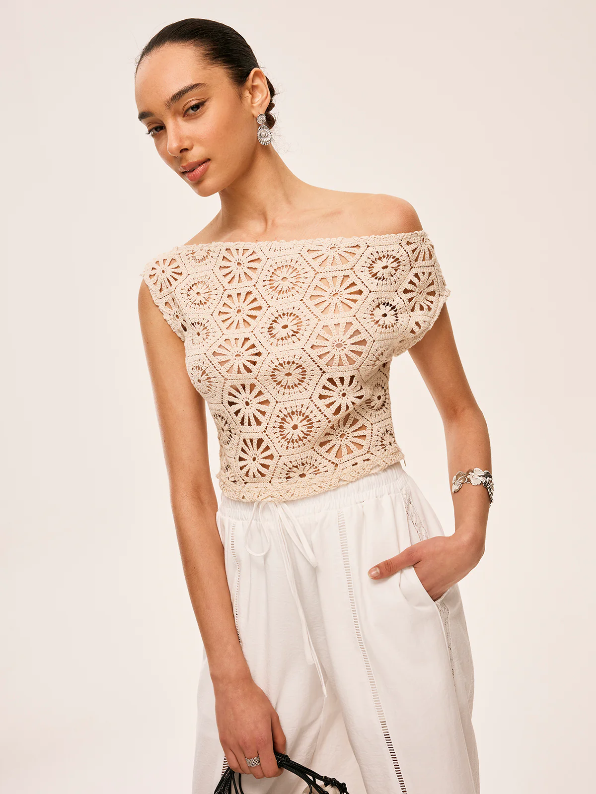 Asymmetrical Off-Shoulder Semi-Sheer Crochet Top - Takermore