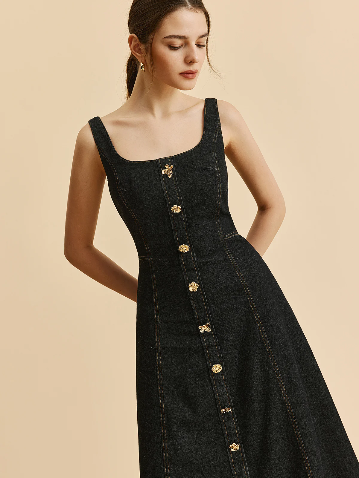 Square Neck Denim Button Dress - Takermore