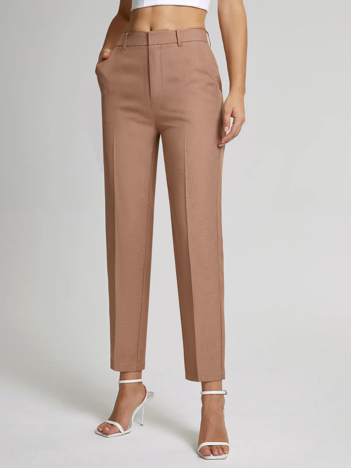High Waisted Cropped Skinny Straight Leg Trousers - Takermore