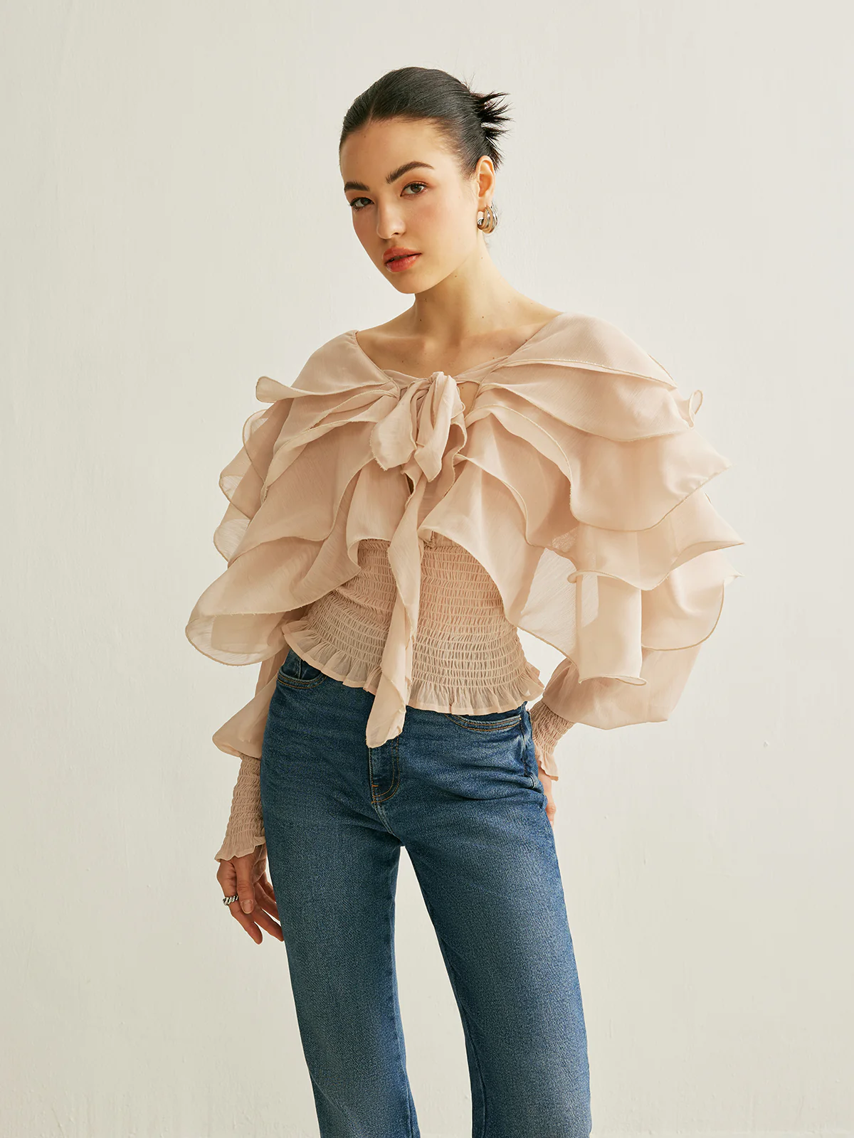 Semi-Sheer Chiffon Ruffle Backless Top - Takermore