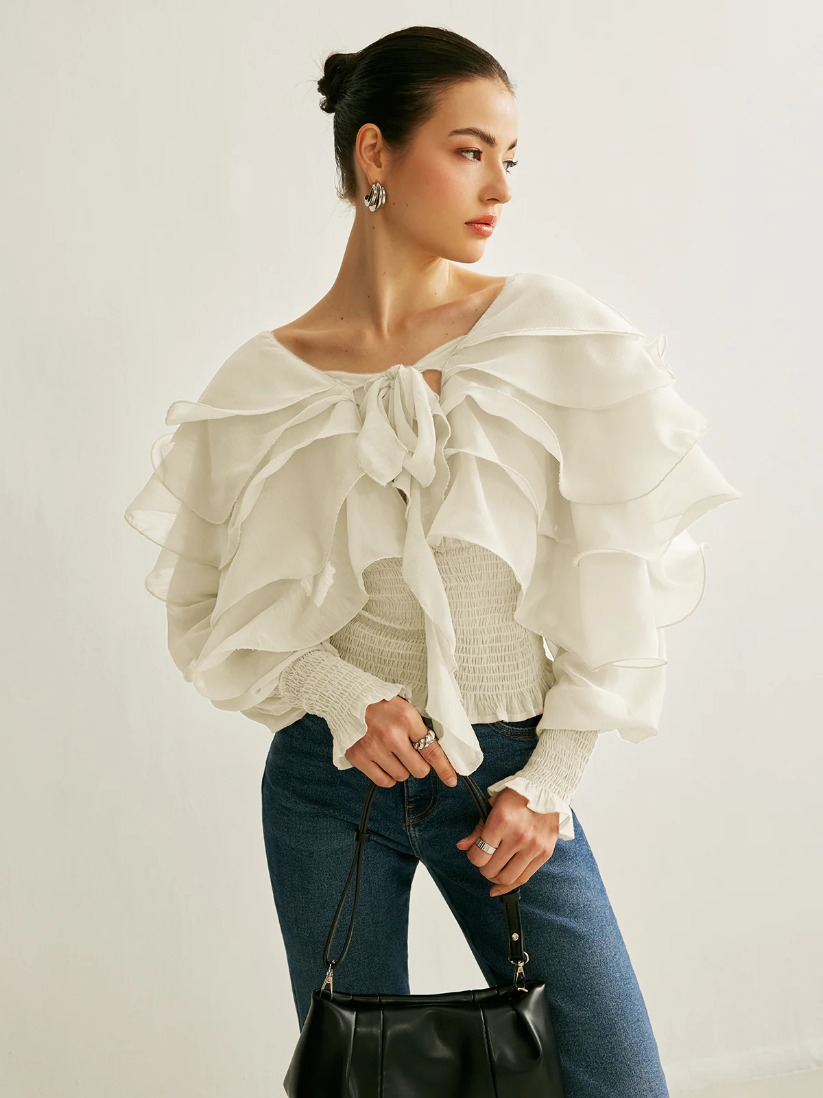 Semi-Sheer Chiffon Ruffle Backless Top - Takermore