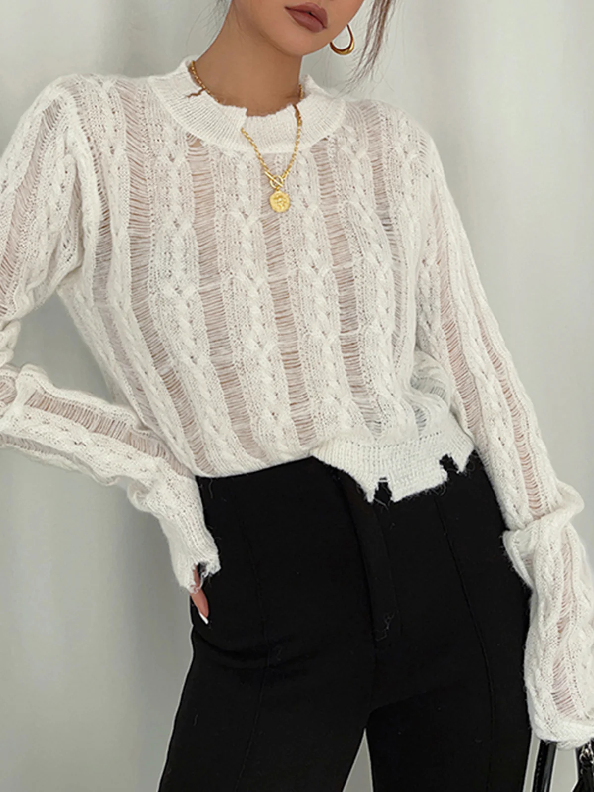 Semi-Sheer Snowflake Crochet Knit Shirt - Takermore