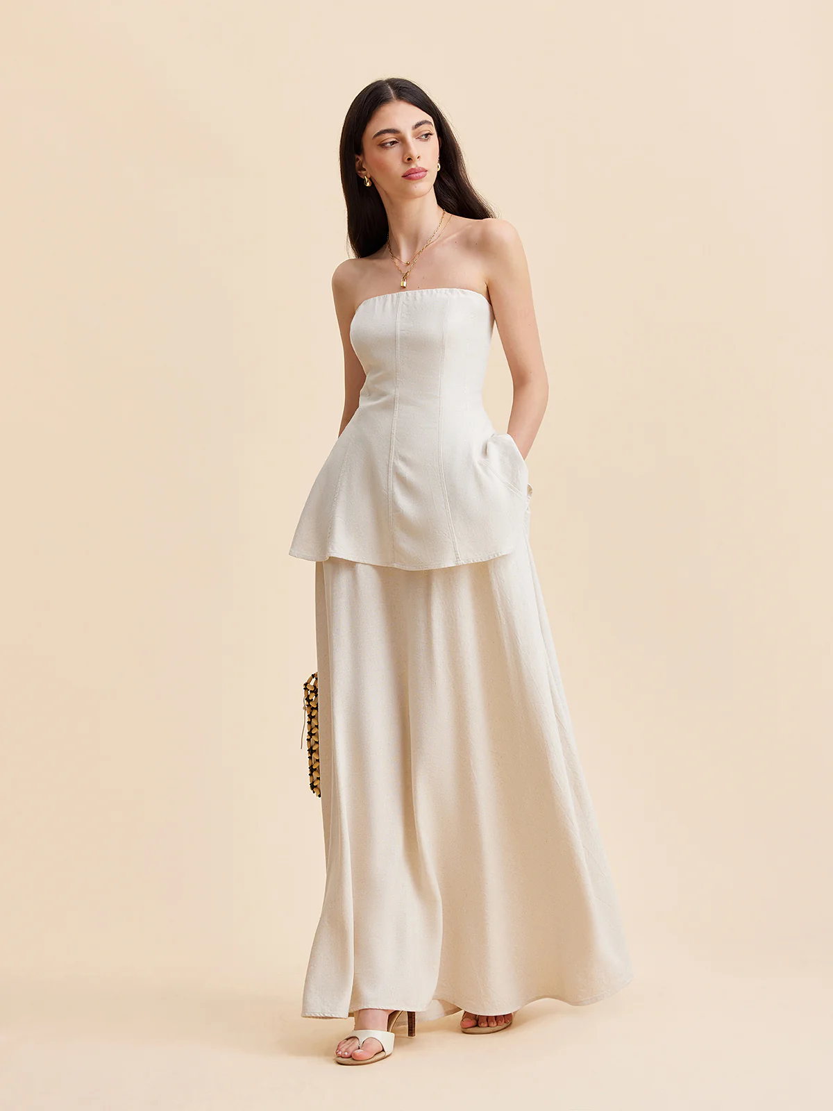 Strapless Peplum Top With Flowing Skirt Set - Takermore