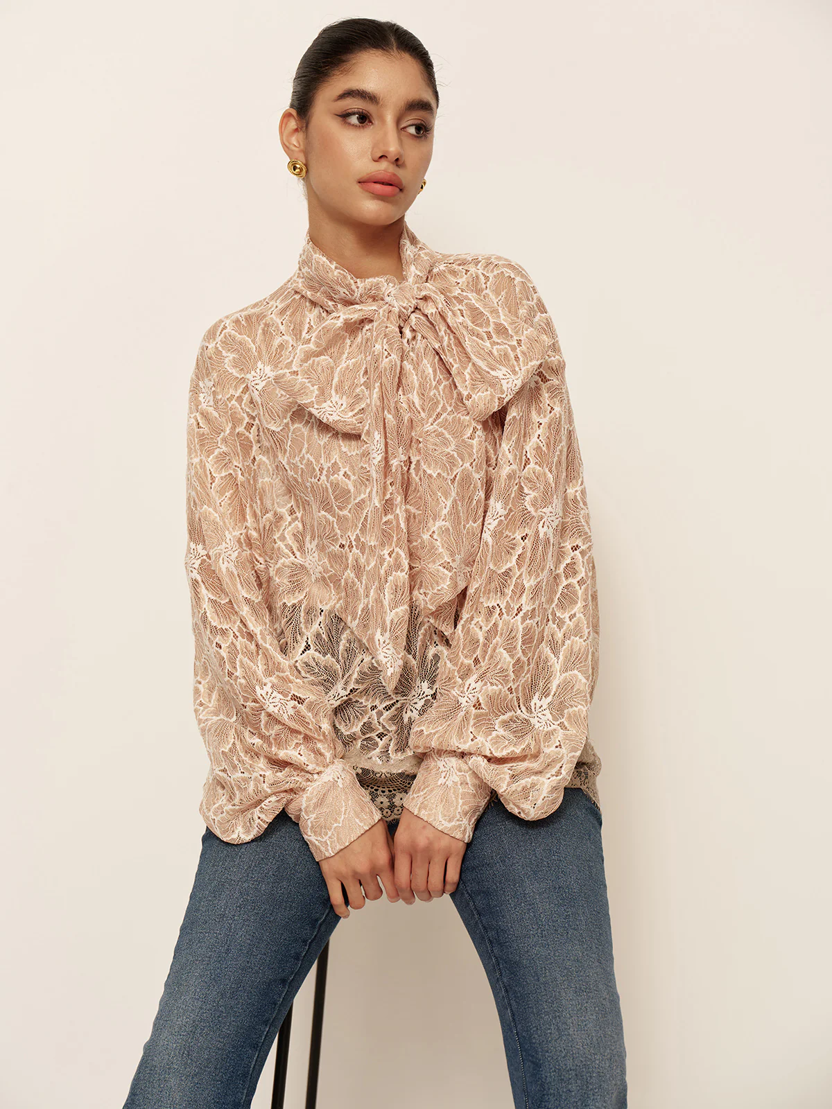 Semi-Sheer Bow-Front Lace Blouse - Takermore