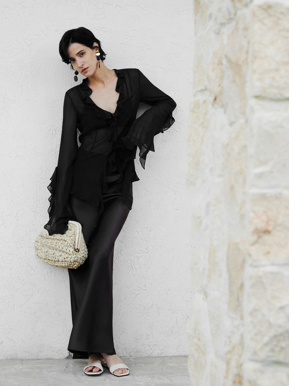 Semi-Sheer Ruffle Split Thin Blouse - Takermore