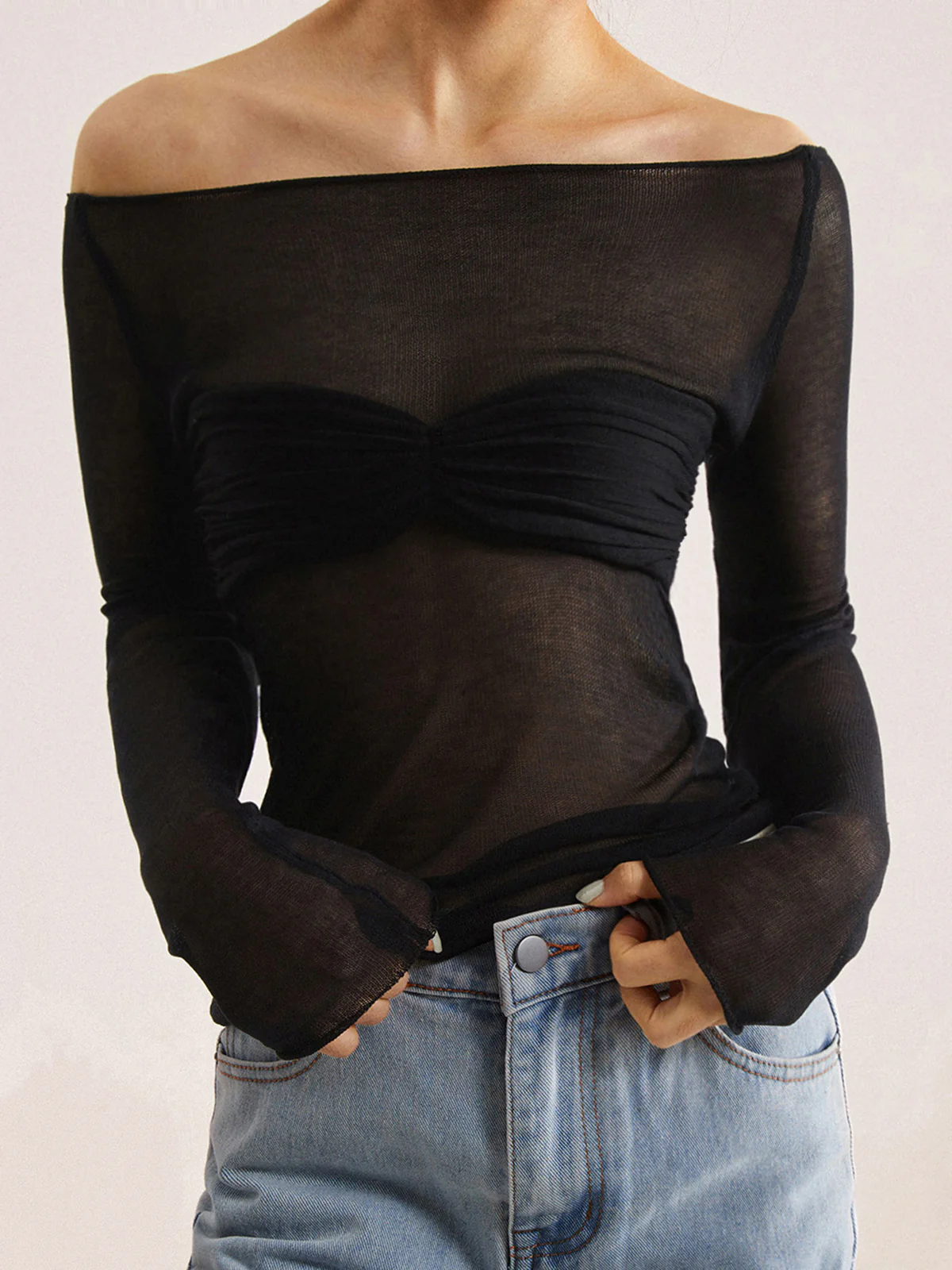 Semi-Sheer Off-Shoulder Mesh Long Sleeve Shirt - Takermore