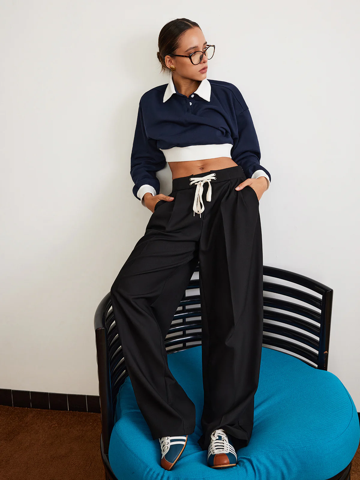 Plain Drawstring Wide-Leg Pants - Takermore