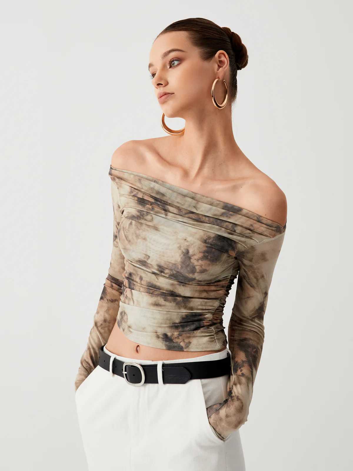 Semi-Sheer Tulle Mesh Off Shoulder Long Sleeve Crop Top - Takermore