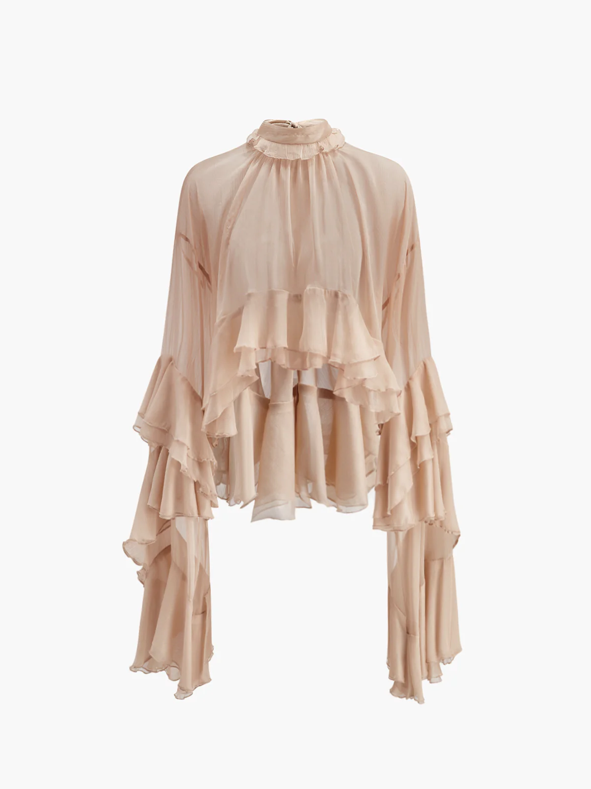 Sheer Turtleneck Ruffle Chiffon Blouse - Takermore