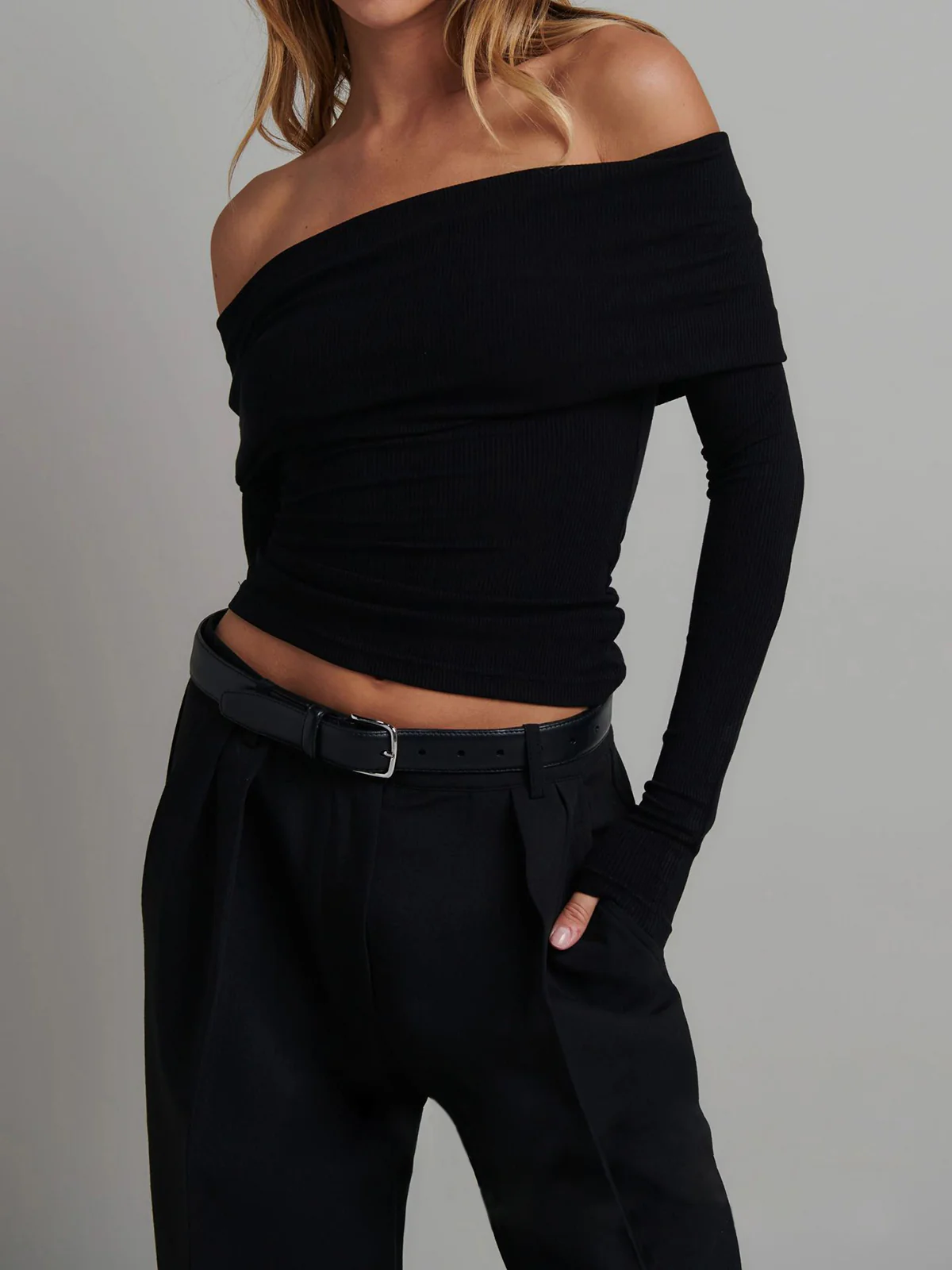 Off Shoulder Overfold Long Sleeve Crop Shirt - Takermore