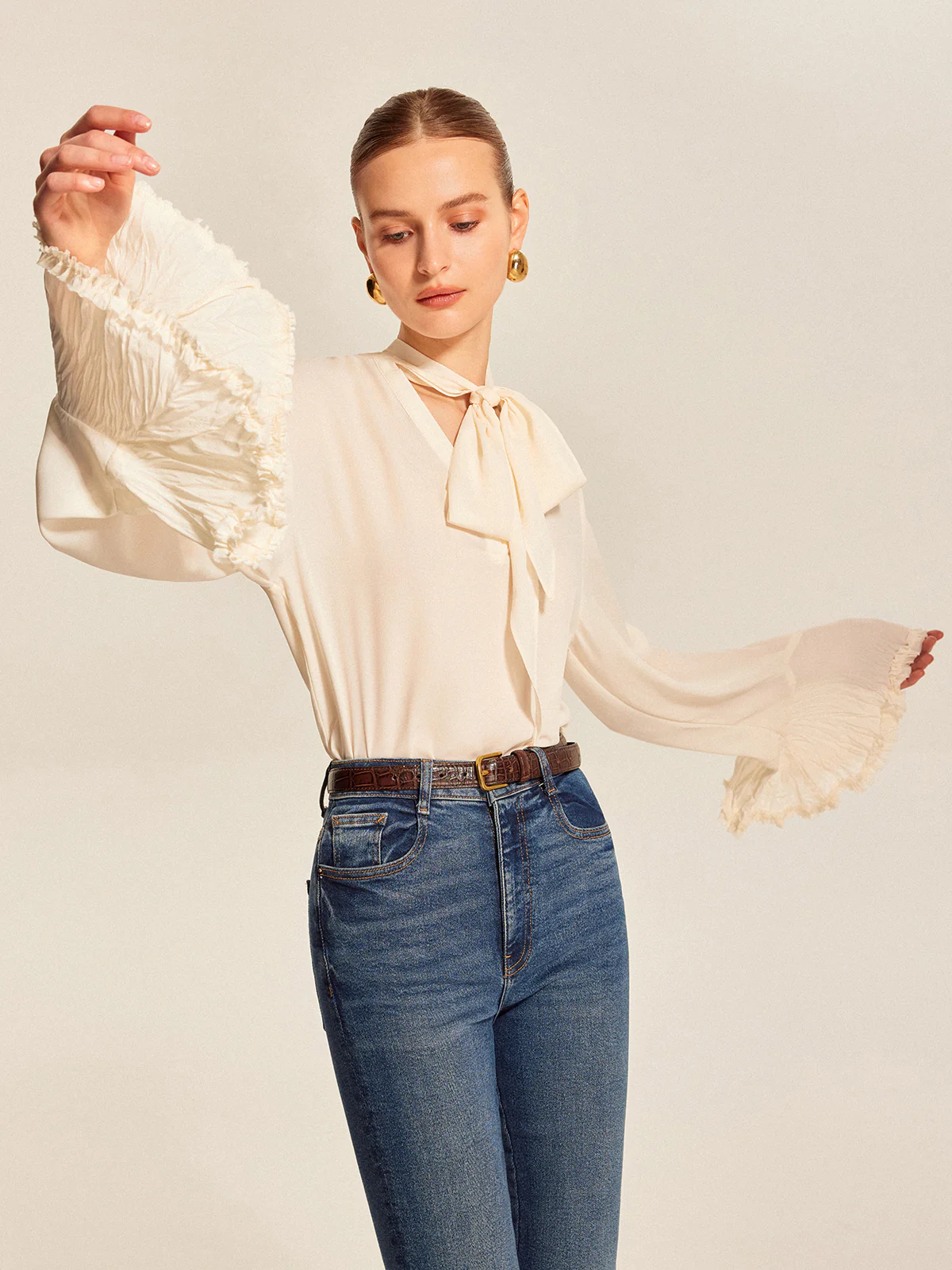Semi-Sheer Bow Tie Pleated Cuff Chiffon Blouse - Takermore