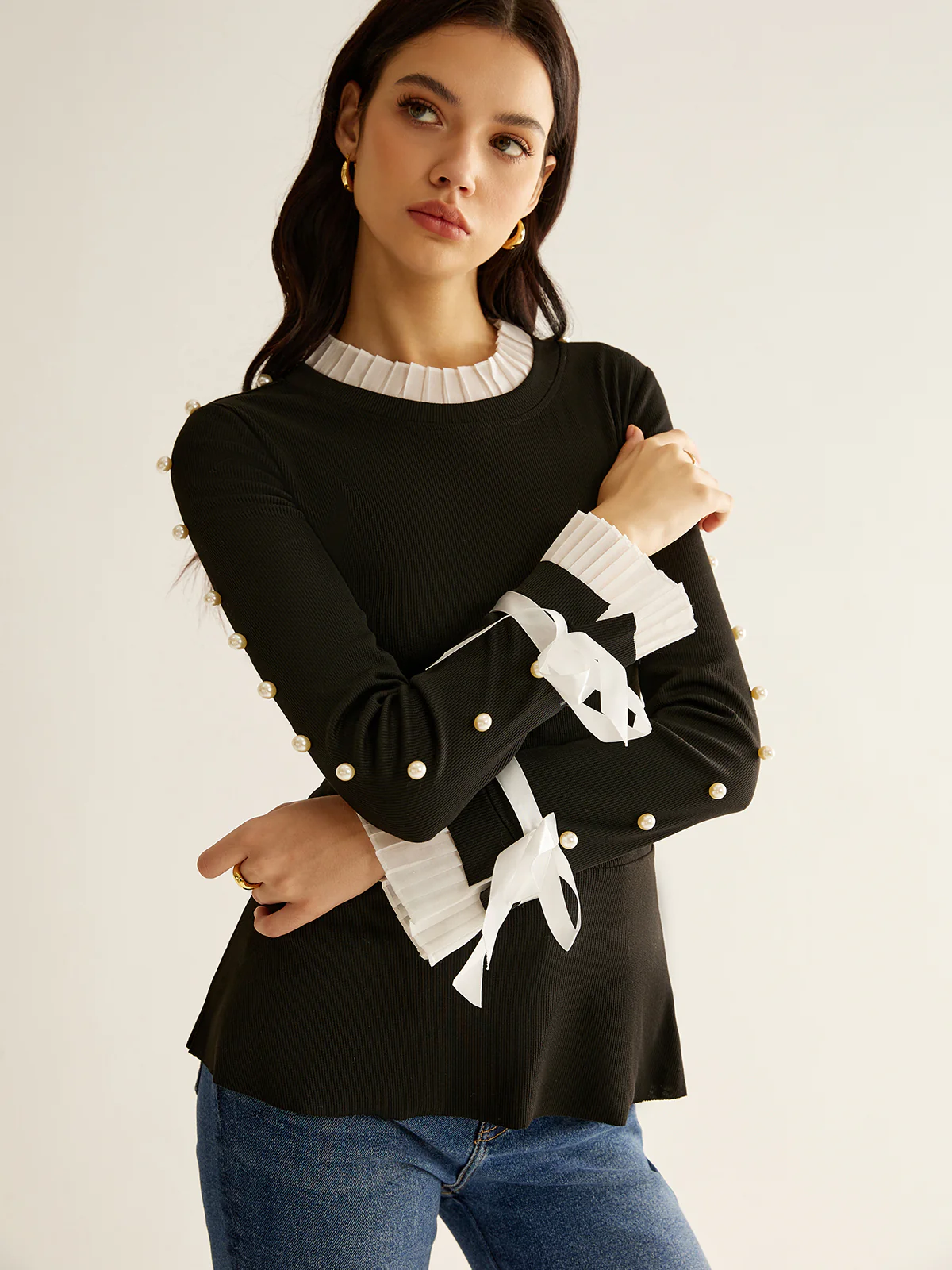 Pearl Decor Panel Pleated Blouse - Takermore