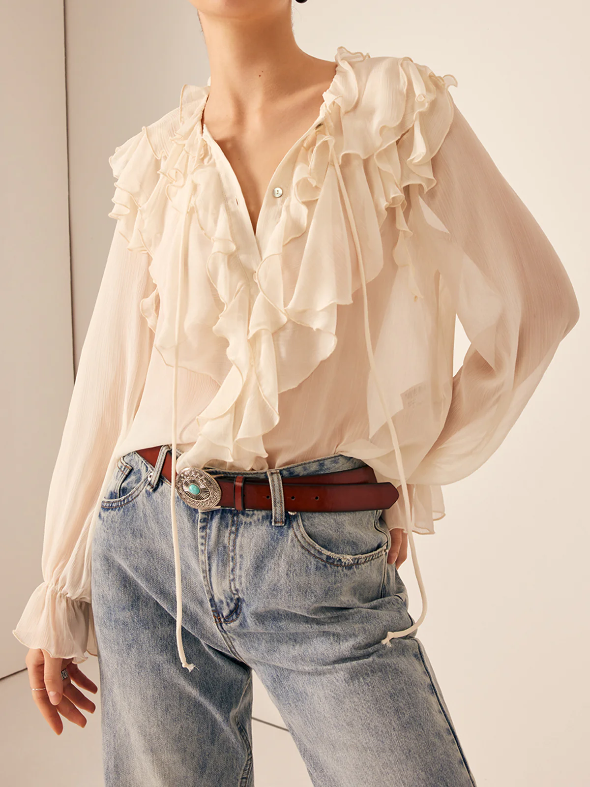 Semi-Sheer Ruffle Chiffon Breasted Blouse - Takermore