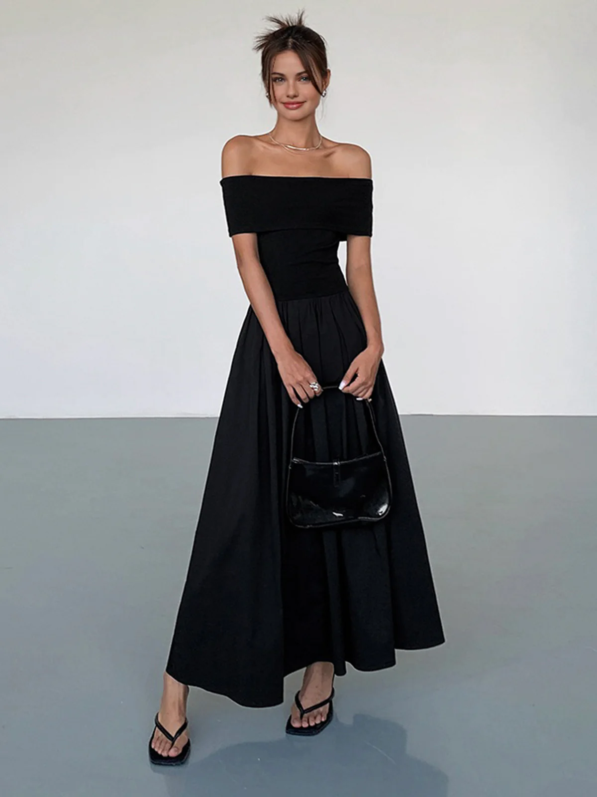 Frenchy Solid Off-Shoulder Long Dress - Takermore