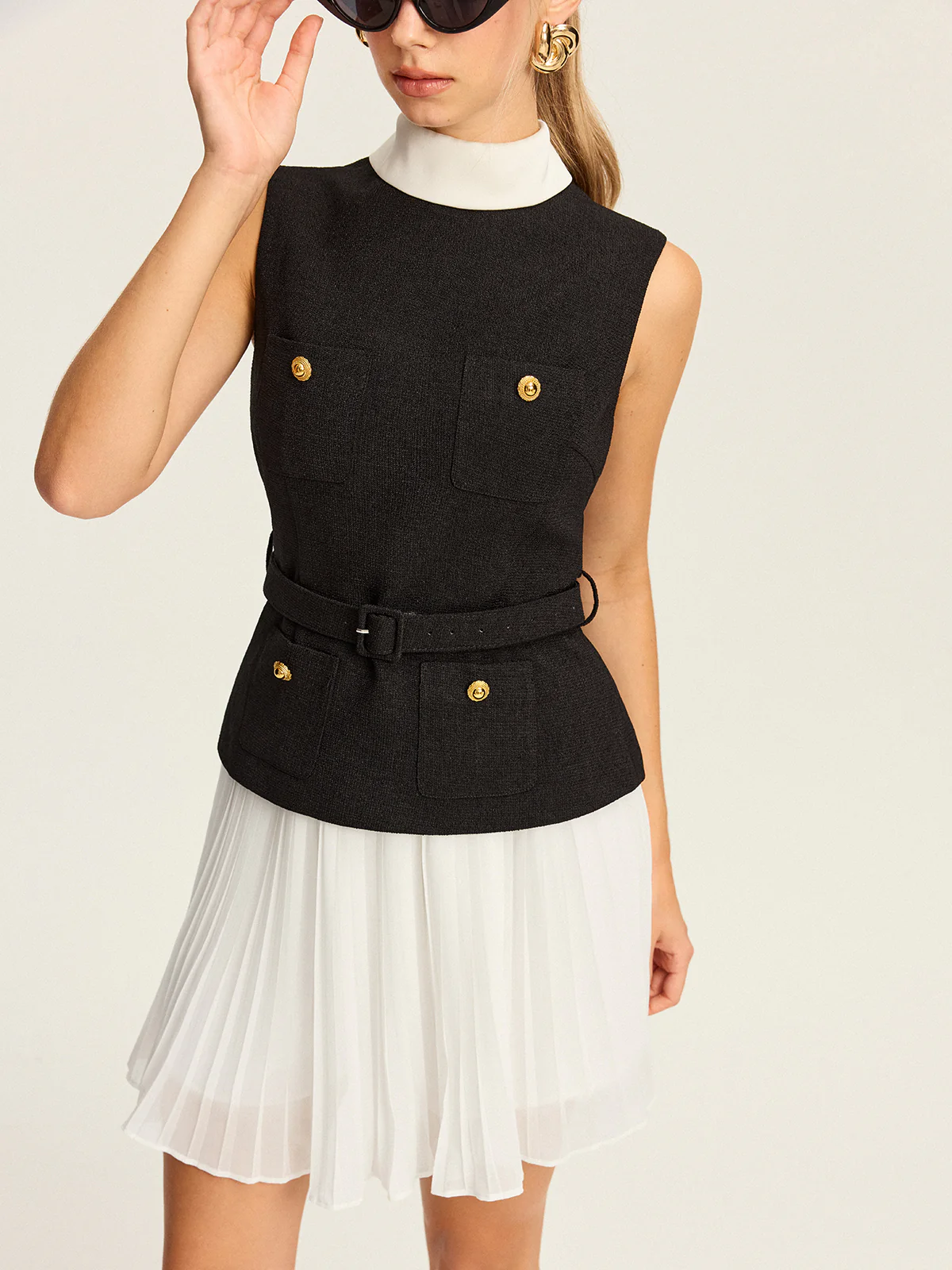 Sleeveless Belted Vest and Pleated Skirt Set - Takermore