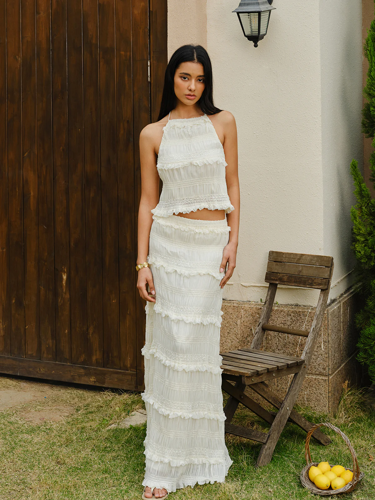 Smocked Halter Crop Top With Tiered Skirt Set - Takermore