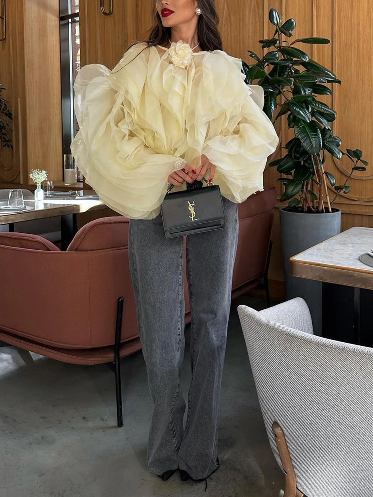 Semi-sheer Chiffon Ruffled Crew Neck Blouse - Takermore