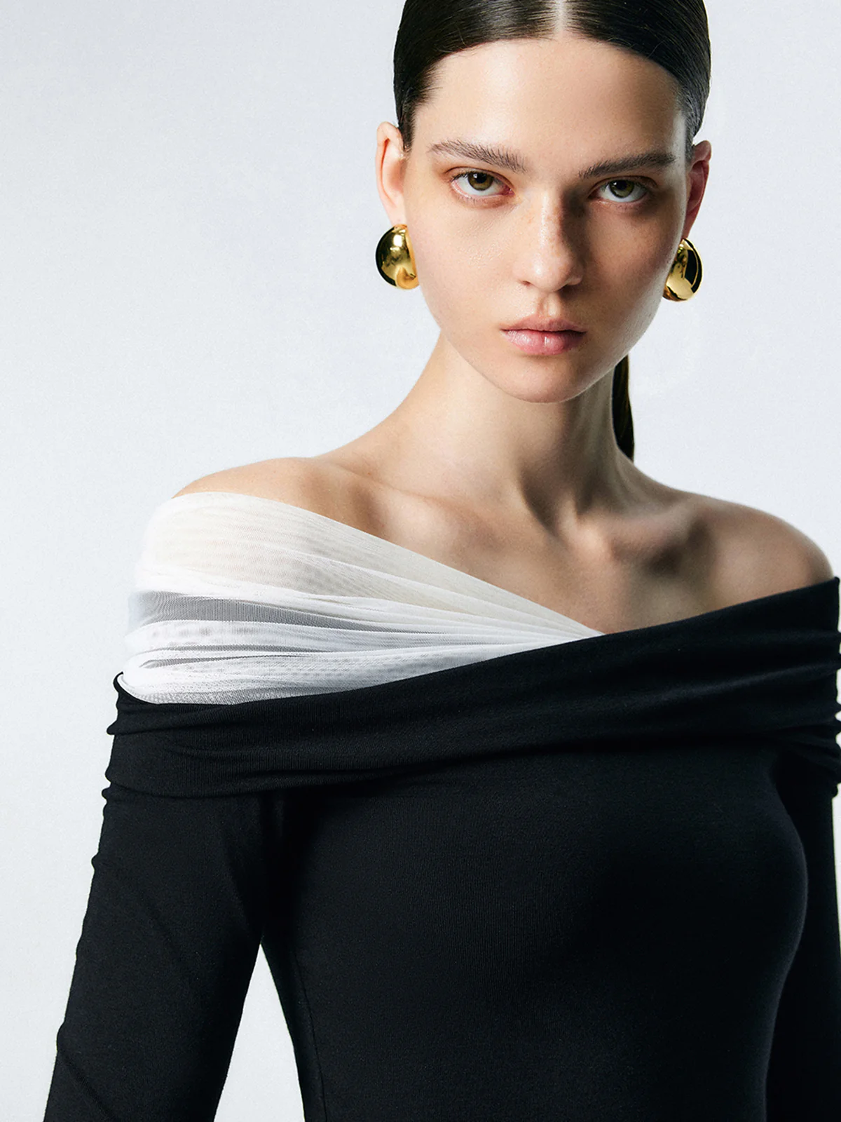 Asymmetric Off Shoulder Long Sleeve Mesh Top - Takermore