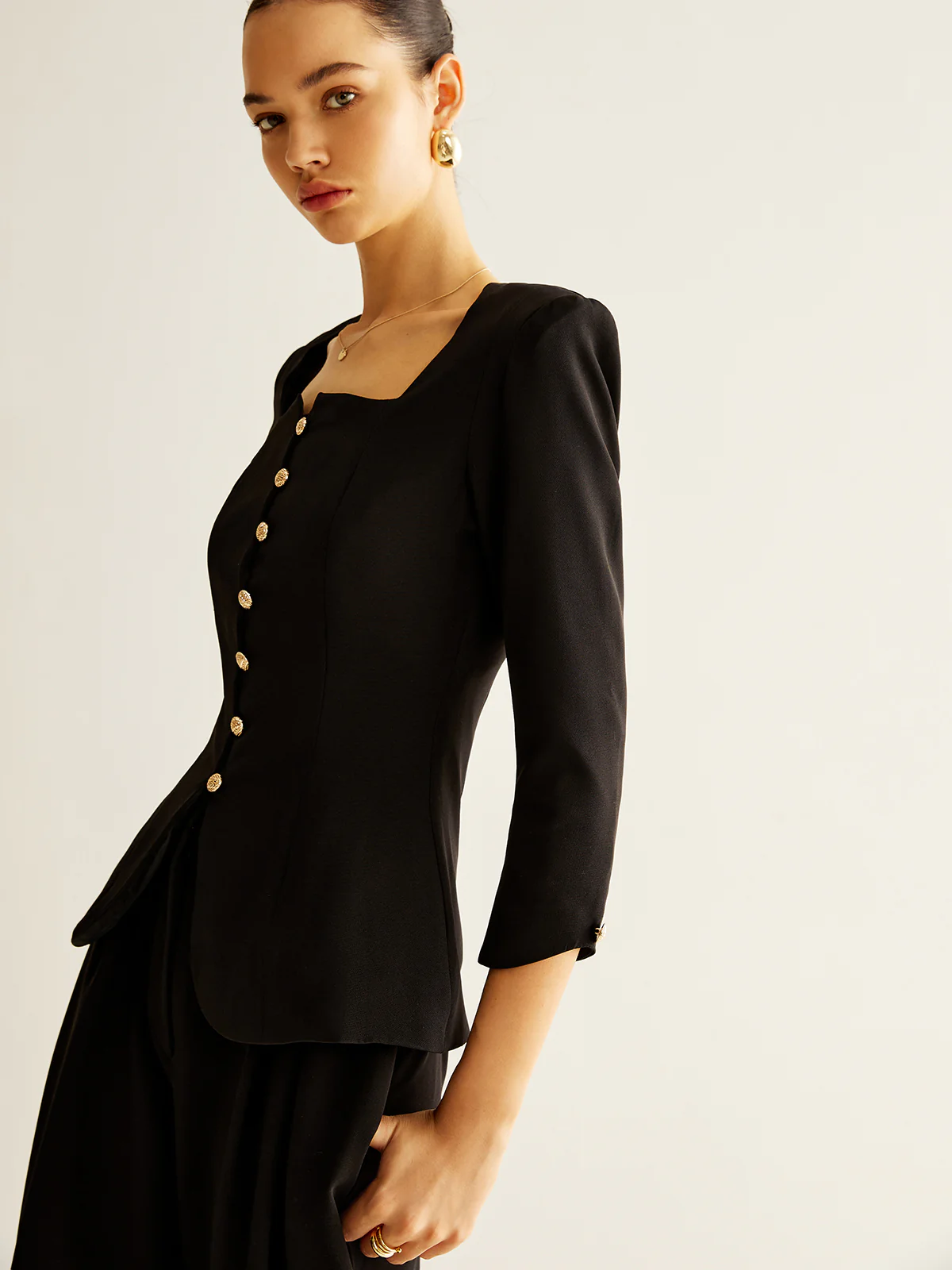 Square Neck Button Down Slit Blouse - Takermore