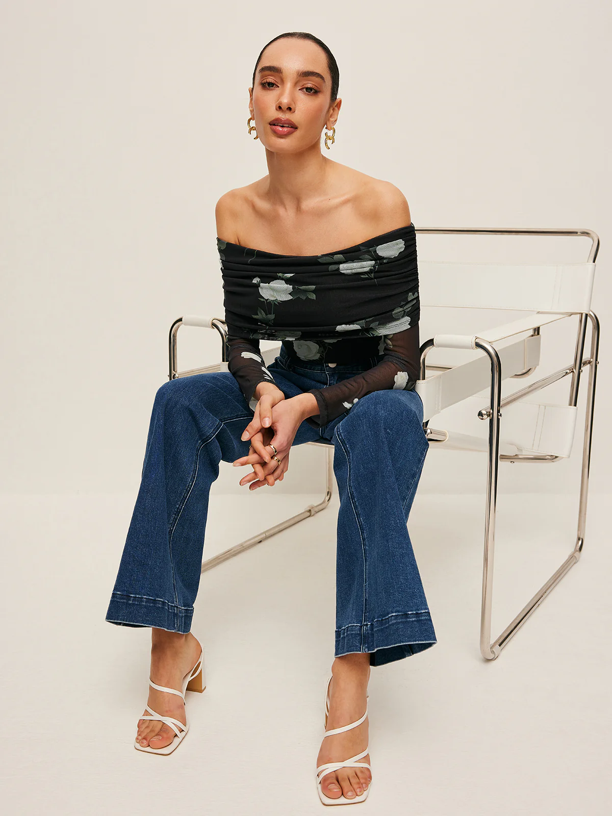Semi-Sheer Floral Off-Shoulder Mesh Sleeve Top - Takermore