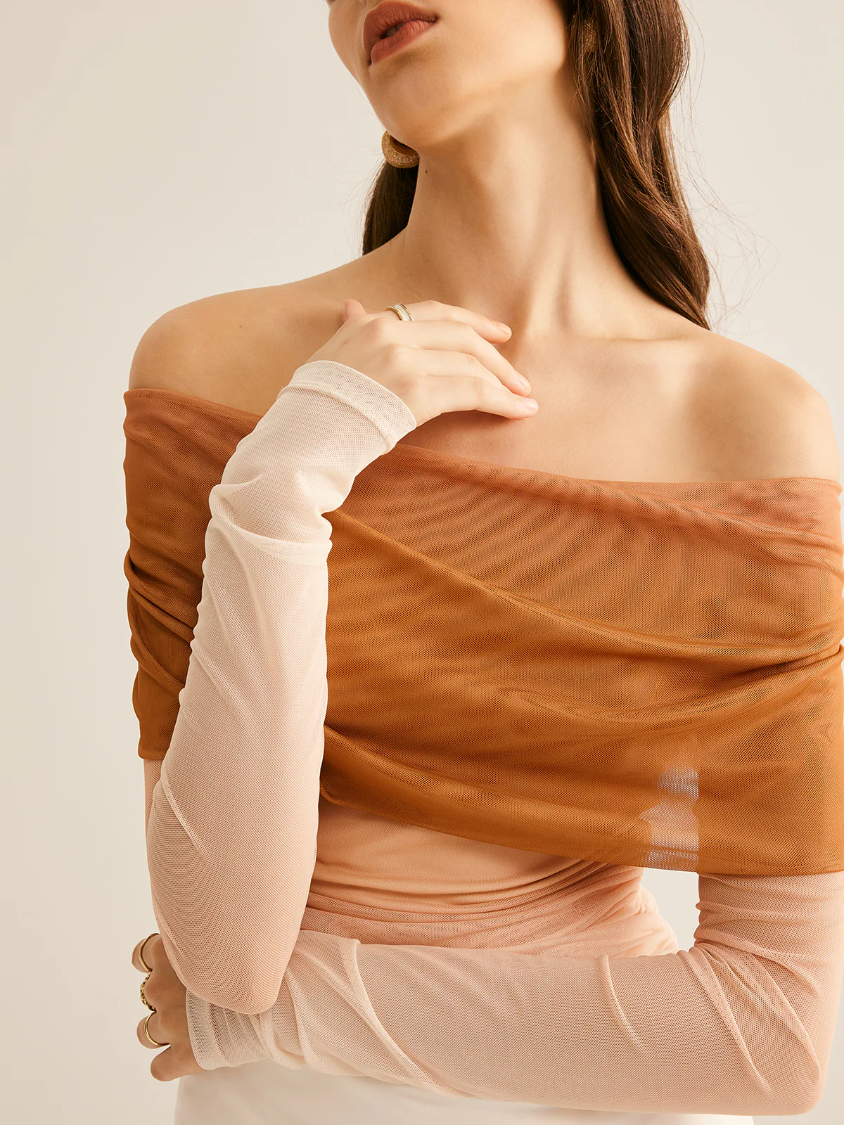 Semi-Sheer Off-Shoulder Mesh Gradient Blouse - Takermore