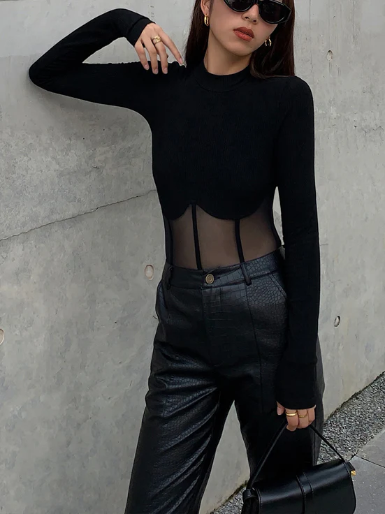 Sheer Mesh Combination Long Sleeve Top - Takermore