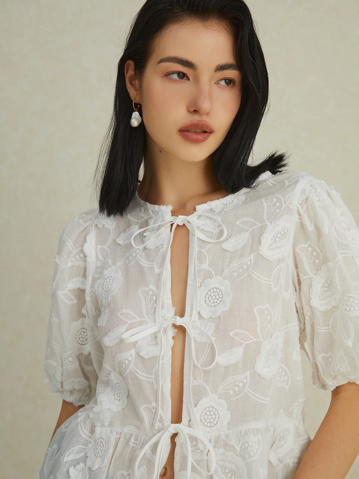 Semi-Sheer Floral Knotted Puff Sleeve Blouse - Takermore