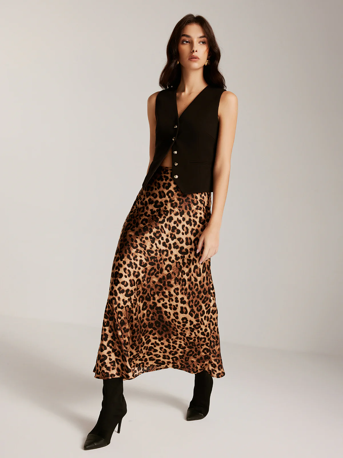 Metal-Button Vest With Leopard Zipper Skirt Set - Takermore